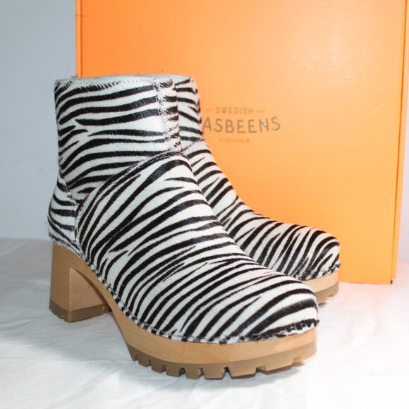 NWB Swedish Hasbeens Slip On Bootie Boots Clogs Zebra Calf Hair - Picture 6 of 10